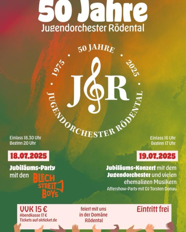 🎺 50 Jahre Jugendorchester Rödental – wir sagen: Support für unsere Freunde! 🎉
Nicht unser eigenes Event – aber ein ganz besonderes Jubiläum für einen Verein, der wie wir fest in Rödental verwurzelt ist:
Das Jugendorchester Rödental wird 50! 🥳
📍 Domäne Rödental
📅 18.07. – Jubiläumsparty mit den Blech Street Boys
🕕 Einlass: 18:30 | Start: 20:00
🎟️ Tickets: 15 € VVK / 17 € AK → auf okticket.de
📅 19.07. – Jubiläumskonzert mit dem Orchester & vielen Ehemaligen
🕓 Einlass: 16:00 | Beginn: 17:00
🎉 Mit großer Aftershow-Party – Eintritt frei!
👉 Wir vom VfB Einberg finden: Vereine halten zusammen! Also: Hingehen, feiern, unterstützen! 🙌
#50JahreJOR #RödentalFeiert #SupportYourLocal #Vereinsliebe #VfBEinberg #DomäneRödental #BlechStreetBoys