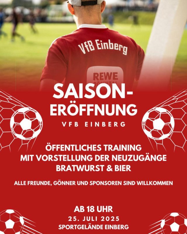 ❗️Saisoneröffnung + Party❗️
Im Rahmen einer Saisoneröffnungsfeier wollen wir unsere neu formierte Damenmannschaft, die 3 Herren-Teams sowie die AH-Mannschaft präsentieren ⚽️💪🏽
Neben der Vorstellung unserer Neuzugänge in einem öffentlichen Training und der offiziellen Verabschiedung verdienter Spieler werden wir euch auch die neu installierte automatische Bewässerungsanlage vorführen 🥅🙌🏽
Das ganze findet am Freitag, den 25.07.2025 ab 18 Uhr auf dem Sportgelände in Einberg statt.
✅ Bratwurst
✅ Bier
✅ schöner Abend
Wir freuen uns auf euer Kommen ❤️🤍
#vfbeinberg#neuesaison #neuemannschaft #gemeinsamezeit #gemeinschaftsprojekt #einverein