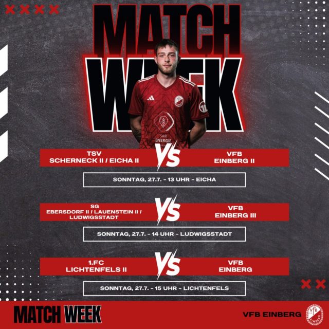 🎉 Saisonstart für den VfB Einberg! ⚽️🔥
Am Sonntag geht’s endlich wieder los – alle drei Herrenmannschaften starten in die neue Saison! 💪
🔴 Die Dritte reist in den Frankenwald zur
(SG 2) TSV Ebersdorf II / FC Lauenstein II / TSV Ludwigsstadt I
📍 Auswärts | ⏰ Anpfiff: 14:00 Uhr
⚪️ Die Zweite gastiert bei
(SG 1) TSV Scherneck II / SpVg Eicha II
📍 Auswärts | ⏰ Anpfiff: 13:00 Uhr
⚫️ Die Erste trifft auswärts auf den
1. FC Lichtenfels II
📍 Lichtenfels | ⏰ Anpfiff: 15:00 Uhr
Kommt vorbei, unterstützt die Jungs und startet gemeinsam mit uns in die neue Spielzeit! 🙌🔴⚪️